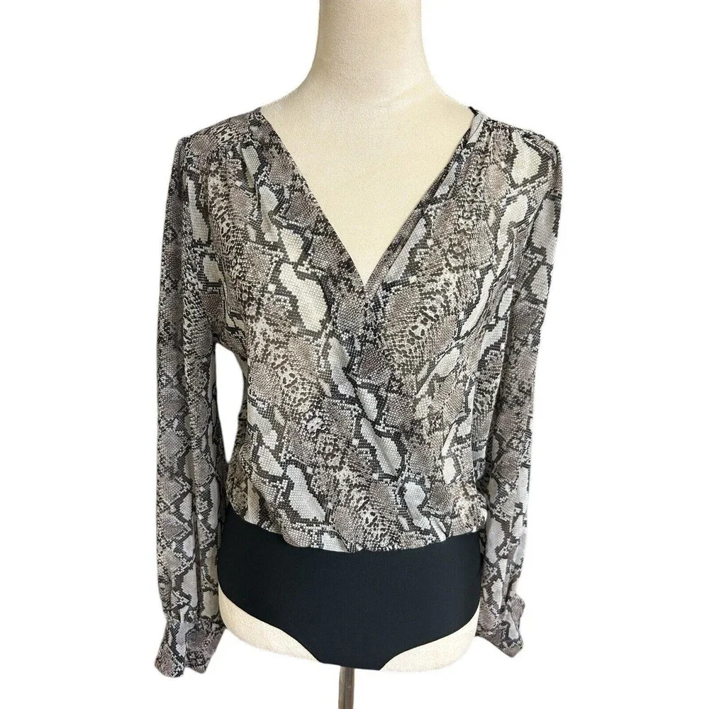 Zara Womens Sheer  Brown Black Bodysuit Snake Print Chiffon Long Sleeves Top  M